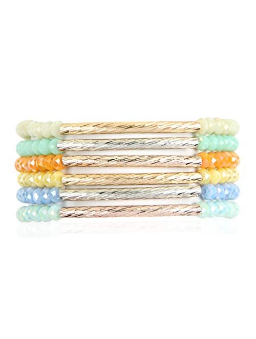 RIAH FASHION Bohemian Multi-Layer Beaded Stacking Statement Bracelets - Versatile Stretch Strand Sparkly Crystal Delicate Bar Slip-on Cuff Bangle Set