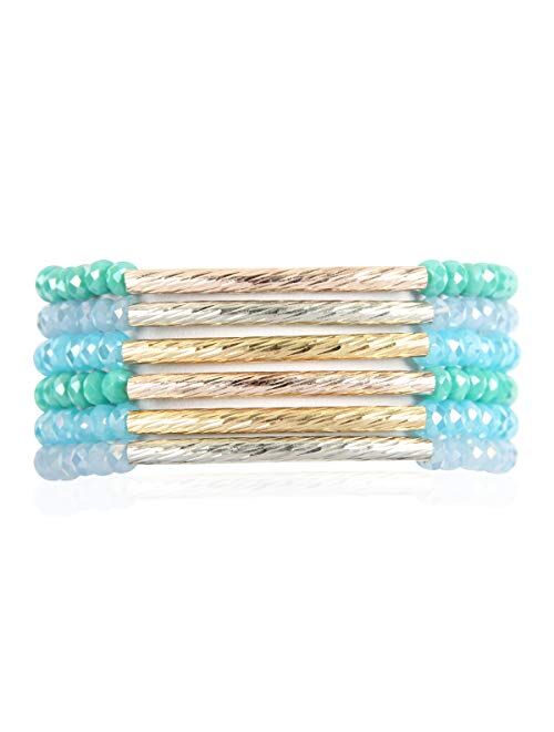 RIAH FASHION Bohemian Multi-Layer Beaded Stacking Statement Bracelets - Versatile Stretch Strand Sparkly Crystal Delicate Bar Slip-on Cuff Bangle Set