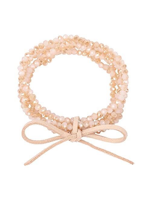 RIAH FASHION Bohemian Multi-Layer Beaded Stacking Statement Bracelets - Versatile Stretch Strand Sparkly Crystal Delicate Bar Slip-on Cuff Bangle Set