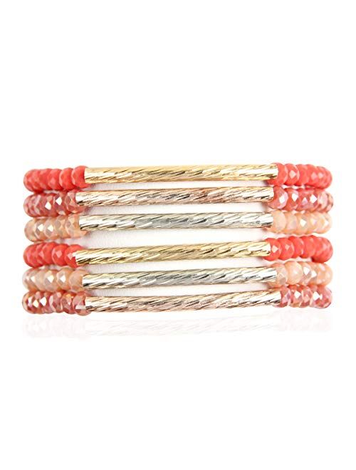 RIAH FASHION Bohemian Multi-Layer Beaded Stacking Statement Bracelets - Versatile Stretch Strand Sparkly Crystal Delicate Bar Slip-on Cuff Bangle Set