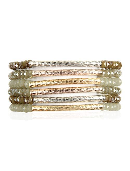 RIAH FASHION Bohemian Multi-Layer Beaded Stacking Statement Bracelets - Versatile Stretch Strand Sparkly Crystal Delicate Bar Slip-on Cuff Bangle Set