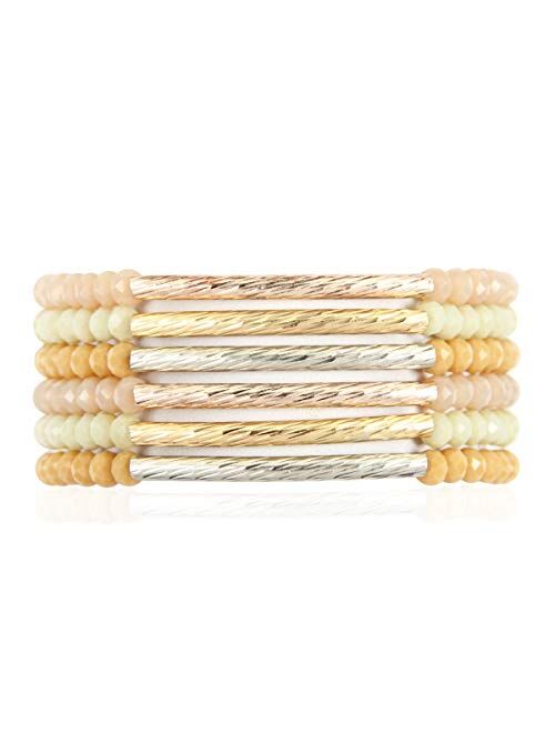 RIAH FASHION Bohemian Multi-Layer Beaded Stacking Statement Bracelets - Versatile Stretch Strand Sparkly Crystal Delicate Bar Slip-on Cuff Bangle Set