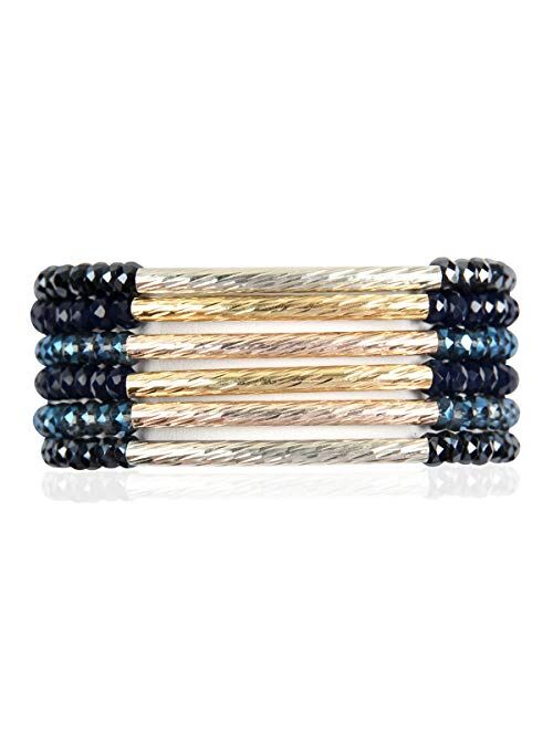 RIAH FASHION Bohemian Multi-Layer Beaded Stacking Statement Bracelets - Versatile Stretch Strand Sparkly Crystal Delicate Bar Slip-on Cuff Bangle Set