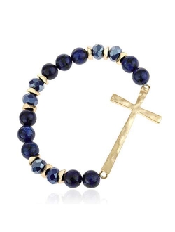 Cross Metallic Bar Beaded Stretch Bracelet - Religious Christian Strand Natural Stone, Sparkly Crystal Prayer Cuff Bangle