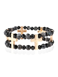 Cross Metallic Bar Beaded Stretch Bracelet - Religious Christian Strand Natural Stone, Sparkly Crystal Prayer Cuff Bangle