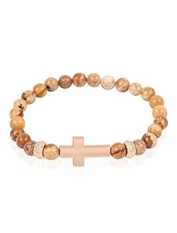 Cross Metallic Bar Beaded Stretch Bracelet - Religious Christian Strand Natural Stone, Sparkly Crystal Prayer Cuff Bangle