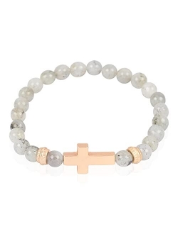 Cross Metallic Bar Beaded Stretch Bracelet - Religious Christian Strand Natural Stone, Sparkly Crystal Prayer Cuff Bangle