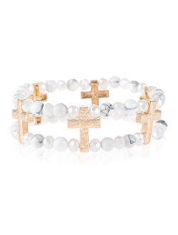 Cross Metallic Bar Beaded Stretch Bracelet - Religious Christian Strand Natural Stone, Sparkly Crystal Prayer Cuff Bangle