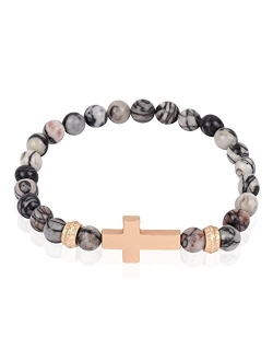 Cross Metallic Bar Beaded Stretch Bracelet - Religious Christian Strand Natural Stone, Sparkly Crystal Prayer Cuff Bangle