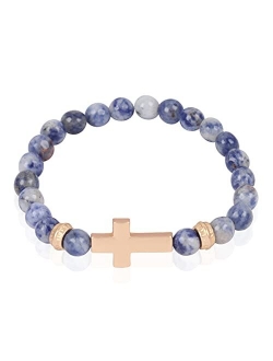 Cross Metallic Bar Beaded Stretch Bracelet - Religious Christian Strand Natural Stone, Sparkly Crystal Prayer Cuff Bangle