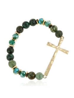 Cross Metallic Bar Beaded Stretch Bracelet - Religious Christian Strand Natural Stone, Sparkly Crystal Prayer Cuff Bangle