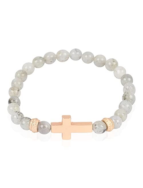 Riah Fashion Cross Metallic Bar Beaded Stretch Bracelet - Religious Christian Strand Natural Stone, Sparkly Crystal Prayer Cuff Bangle