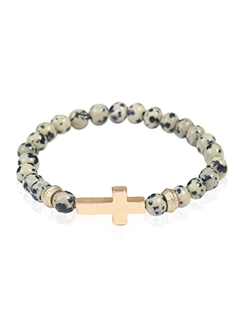 Riah Fashion Cross Metallic Bar Beaded Stretch Bracelet - Religious Christian Strand Natural Stone, Sparkly Crystal Prayer Cuff Bangle