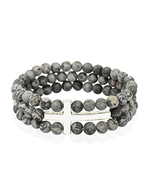 Riah Fashion Cross Metallic Bar Beaded Stretch Bracelet - Religious Christian Strand Natural Stone, Sparkly Crystal Prayer Cuff Bangle