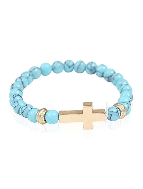 Riah Fashion Cross Metallic Bar Beaded Stretch Bracelet - Religious Christian Strand Natural Stone, Sparkly Crystal Prayer Cuff Bangle