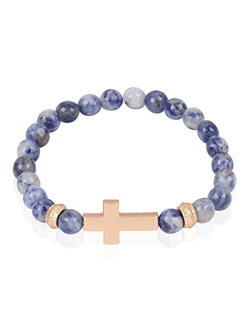 Riah Fashion Cross Metallic Bar Beaded Stretch Bracelet - Religious Christian Strand Natural Stone, Sparkly Crystal Prayer Cuff Bangle