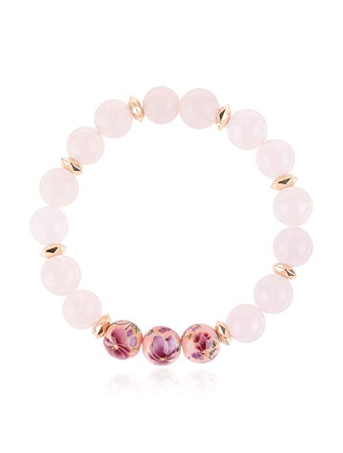 Riah Fashion Stone Beaded Stretch Yoga Prayer Friendship Bracelet - Healing Lava Semi Precious Natural Gem Quartz, Mermaid Glass Glowing Bead Strand Bangle Cuff