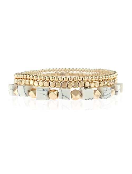 RIAH FASHION Delicate Boho Beaded Multi Layer Versatile Statement Bracelets - Stackable Stretch Strand Cuff Bangles Sparkly Crystal, Natural Stone, Tassel Charm