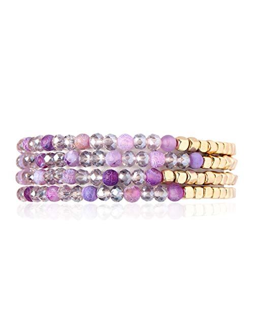 RIAH FASHION Delicate Boho Beaded Multi Layer Versatile Statement Bracelets - Stackable Stretch Strand Cuff Bangles Sparkly Crystal, Natural Stone, Tassel Charm