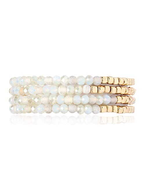 RIAH FASHION Delicate Boho Beaded Multi Layer Versatile Statement Bracelets - Stackable Stretch Strand Cuff Bangles Sparkly Crystal, Natural Stone, Tassel Charm