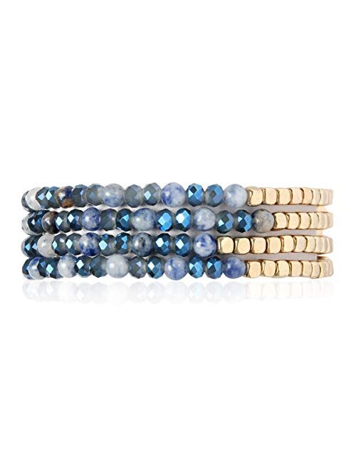 RIAH FASHION Delicate Boho Beaded Multi Layer Versatile Statement Bracelets - Stackable Stretch Strand Cuff Bangles Sparkly Crystal, Natural Stone, Tassel Charm