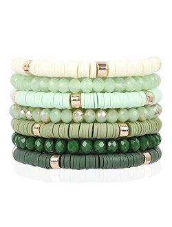 Bohemian Multi-Layer Beaded Stacking Statement Bracelets - Versatile Strand Stretch Sparkly Crystal Beads Wrap Slip-on Cuff Bangle Set