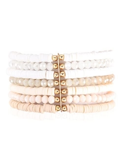 Bohemian Multi-Layer Beaded Stacking Statement Bracelets - Versatile Strand Stretch Sparkly Crystal Beads Wrap Slip-on Cuff Bangle Set