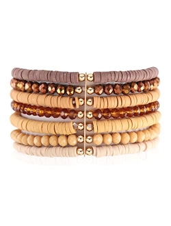 Bohemian Multi-Layer Beaded Stacking Statement Bracelets - Versatile Strand Stretch Sparkly Crystal Beads Wrap Slip-on Cuff Bangle Set