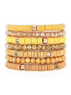 Bohemian Multi-Layer Beaded Stacking Statement Bracelets - Versatile Strand Stretch Sparkly Crystal Beads Wrap Slip-on Cuff Bangle Set