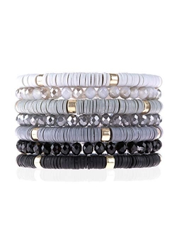 Bohemian Multi-Layer Beaded Stacking Statement Bracelets - Versatile Strand Stretch Sparkly Crystal Beads Wrap Slip-on Cuff Bangle Set