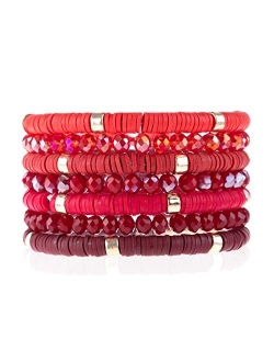 Bohemian Multi-Layer Beaded Stacking Statement Bracelets - Versatile Strand Stretch Sparkly Crystal Beads Wrap Slip-on Cuff Bangle Set