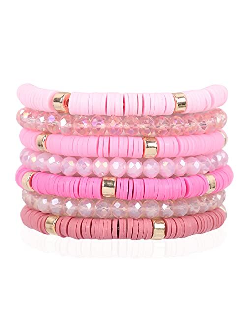 Riah Fashion Bohemian Multi-Layer Beaded Stacking Statement Bracelets - Versatile Strand Stretch Sparkly Crystal Beads Wrap Slip-on Cuff Bangle Set