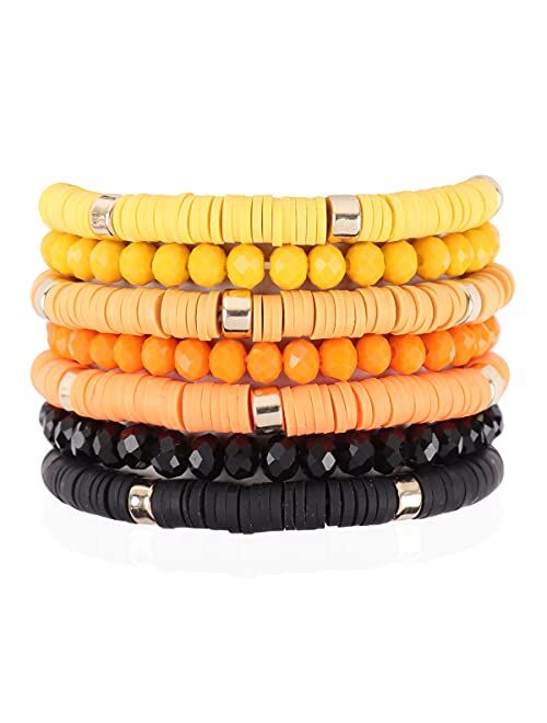 Riah Fashion Bohemian Multi-Layer Beaded Stacking Statement Bracelets - Versatile Strand Stretch Sparkly Crystal Beads Wrap Slip-on Cuff Bangle Set