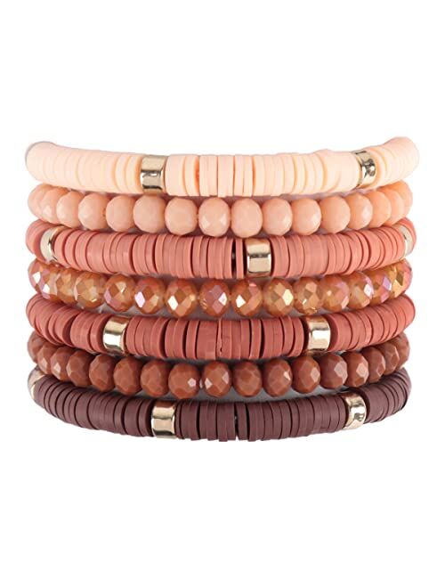 Riah Fashion Bohemian Multi-Layer Beaded Stacking Statement Bracelets - Versatile Strand Stretch Sparkly Crystal Beads Wrap Slip-on Cuff Bangle Set