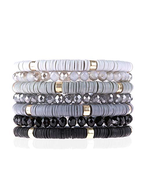 Riah Fashion Bohemian Multi-Layer Beaded Stacking Statement Bracelets - Versatile Strand Stretch Sparkly Crystal Beads Wrap Slip-on Cuff Bangle Set