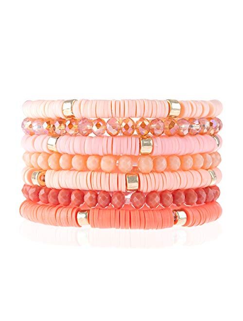 Riah Fashion Bohemian Multi-Layer Beaded Stacking Statement Bracelets - Versatile Strand Stretch Sparkly Crystal Beads Wrap Slip-on Cuff Bangle Set