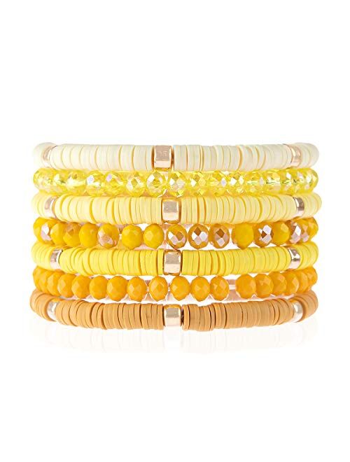 Riah Fashion Bohemian Multi-Layer Beaded Stacking Statement Bracelets - Versatile Strand Stretch Sparkly Crystal Beads Wrap Slip-on Cuff Bangle Set