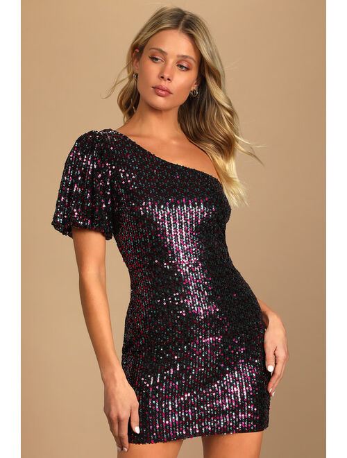 Lulus Truly Magical Black and Gold Sequin One-Shoulder Bodycon Dress