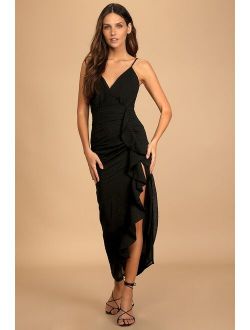 Truly Striking Black Dotted Ruffled Maxi Dress