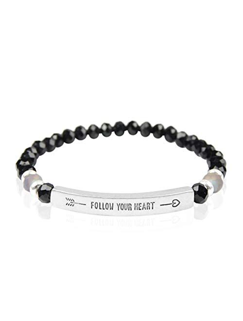 Riah Fashion Inspiration Engraved Bar Sparkly Crystal Bead Bracelet - Religious Message Stretch Strand Cuff Bangle Blessed, Lord, Amazing Grace, Philippians, Heart