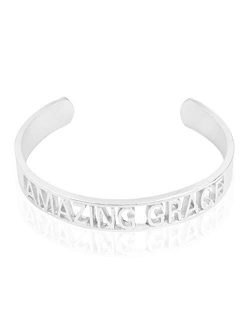 Inspirational Message Quote Engraved Bar Metallic Tag Bracelet - Lettering Cuff Bangle Christian Bible Religious, Amazing Grace, Blessed, Faith Prayer