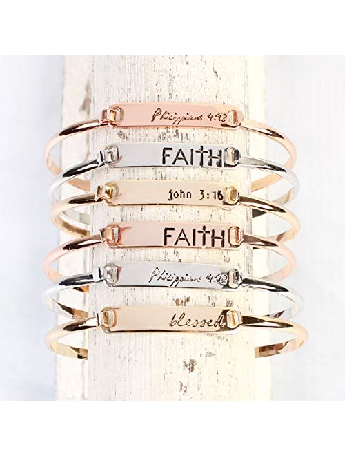 RIAH FASHION Inspirational Message Quote Engraved Bar Metallic Tag Bracelet - Lettering Cuff Bangle Christian Bible Religious, Amazing Grace, Blessed, Faith Prayer