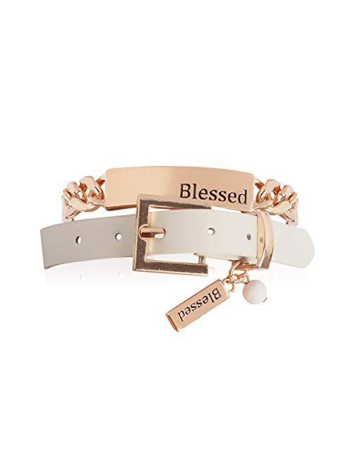 RIAH FASHION Inspirational Message Quote Engraved Bar Metallic Tag Bracelet - Lettering Cuff Bangle Christian Bible Religious, Amazing Grace, Blessed, Faith Prayer