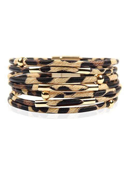 Riah Fashion Bohemian Leatherette Wrap Multi Layer Statement Bracelet - Wrist Cuff Cubic Rhinestone, Sparkly Bead, Faux Leopard Skin, Natural Stone Pearl