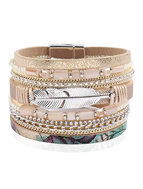 Riah Fashion Bohemian Leatherette Wrap Multi Layer Statement Bracelet - Wrist Cuff Cubic Rhinestone, Sparkly Bead, Faux Leopard Skin, Natural Stone Pearl