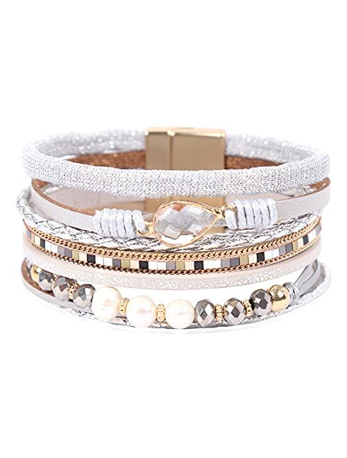 Riah Fashion Bohemian Leatherette Wrap Multi Layer Statement Bracelet - Wrist Cuff Cubic Rhinestone, Sparkly Bead, Faux Leopard Skin, Natural Stone Pearl