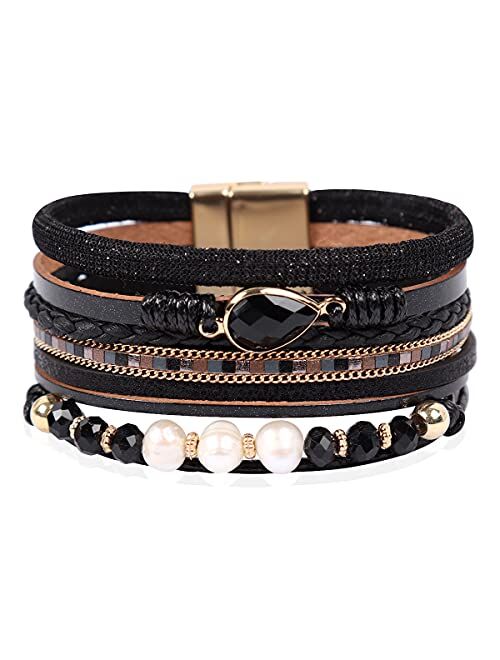 Riah Fashion Bohemian Leatherette Wrap Multi Layer Statement Bracelet - Wrist Cuff Cubic Rhinestone, Sparkly Bead, Faux Leopard Skin, Natural Stone Pearl