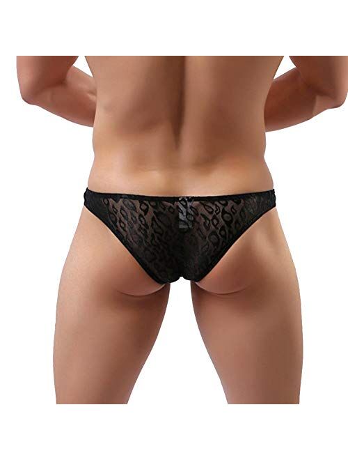 Men's Sissy Lace Floral Bulge Pouch Bikini Panties Low Rise Mesh Translucent Crossdress Lingerie Underwear