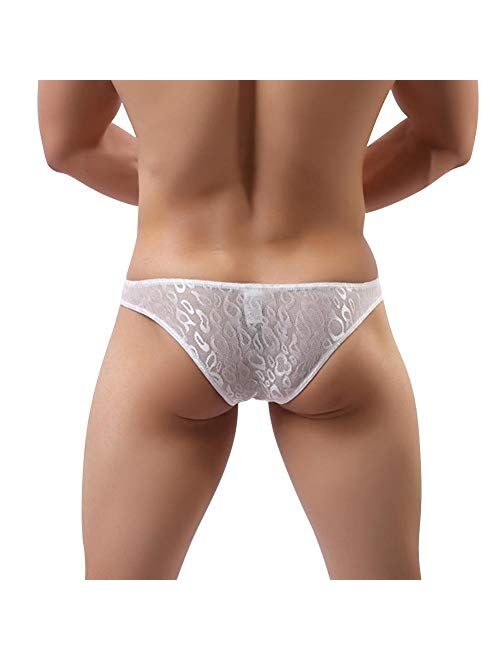 Men's Sissy Lace Floral Bulge Pouch Bikini Panties Low Rise Mesh Translucent Crossdress Lingerie Underwear