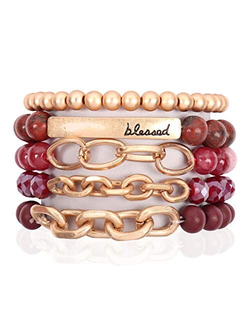 Riah Fashion Inspirational Message Stretch Prayer Bead Bracelet - Christian Bible Cuff Blessed, Faith, Love, Hope Natural Stone, Multi Layer Stacking Strand Bangle Set